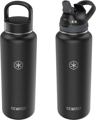 ICEWATER-40 oz,2 Lids(Soft Auto Straw Lid + Wide Mouth Lid),Insulated Water Bottle With Straw,Stainless Steel,BPA-Free,Powder Coated,Lockable Lid,Pop-up Top,One-hand Operation (40 oz, Black)