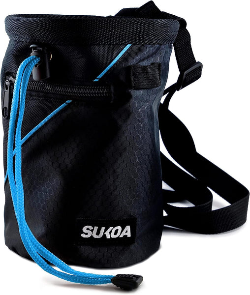 Sukoa Chalk Bag for Rock Climbing - Bouldering Chalk Bag Bucket with Quick-Clip Belt and 2 Large Zippered Pockets - Rock Climbing Gear Equipment