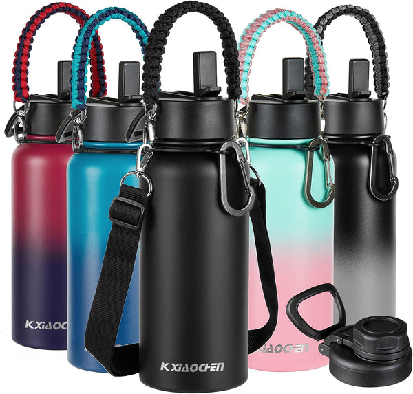 32 oz Insulated Water Bottle with Paracord Handles & Strap, 2 Lids(Straw Lid&Spout Lid), Stainless Steel Reusable Wide Mouth Metal Water Bottle With Straw, Double Walled, Thermo Mug(Black)